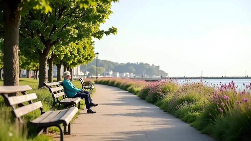 A peaceful view of Dún Laoghaire promenade with walking path lined with benches and flowering gardens, calm day