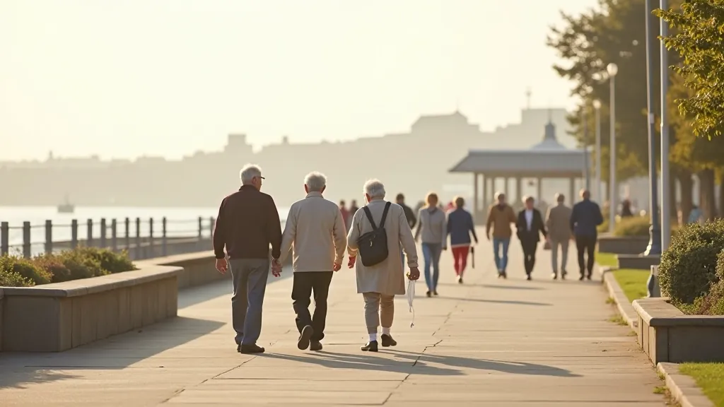Seniors enjoying a leisurely walk along Dún Laoghaire seafront promenade on a beautiful day