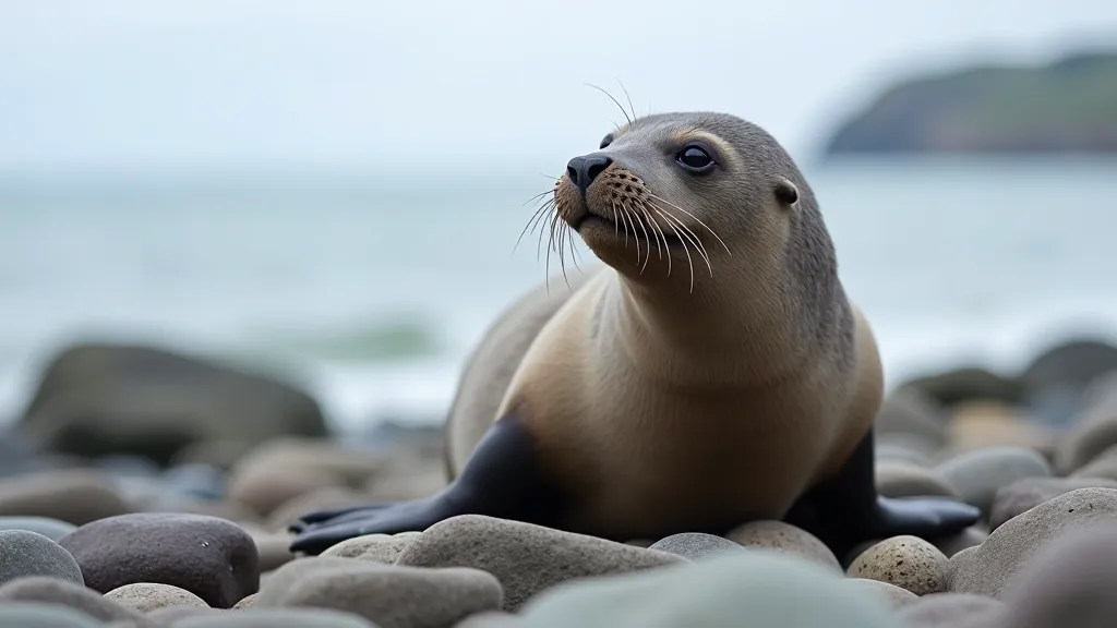 Grey seal resting on rocky outcrops, head up alert, coastal pier background, sharp focus