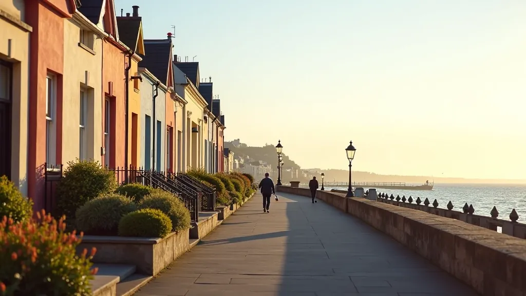 Historic Victorian promenade buildings overlooking Dún Laoghaire pier, period architecture, coastal setting, golden afternoon light