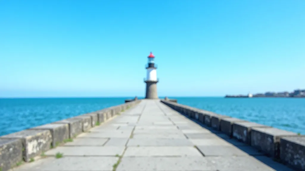 Close-up view of East Pier lighthouse tower against blue sky, granite blocks of pier in foreground