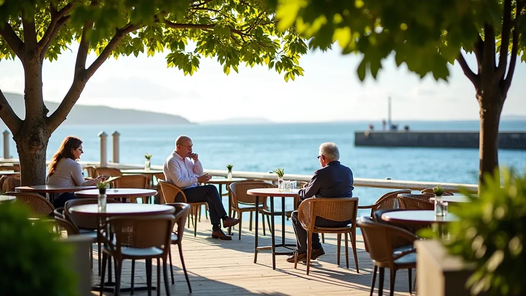 Seaside café with outdoor seating overlooking the water and nearby trees providing natural shade