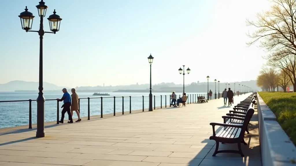 Peaceful seaside promenade with benches overlooking the Irish Sea at Dún Laoghaire on a bright spring morning