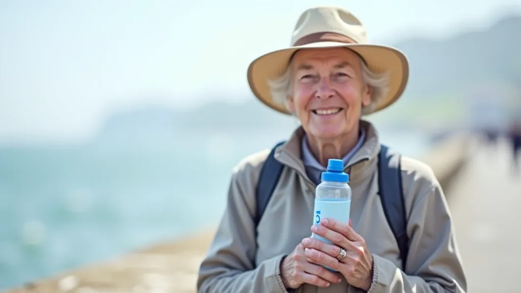 Person wearing sunglasses and a sun hat, smiling while holding a water bottle, standing against a bright blue sky background