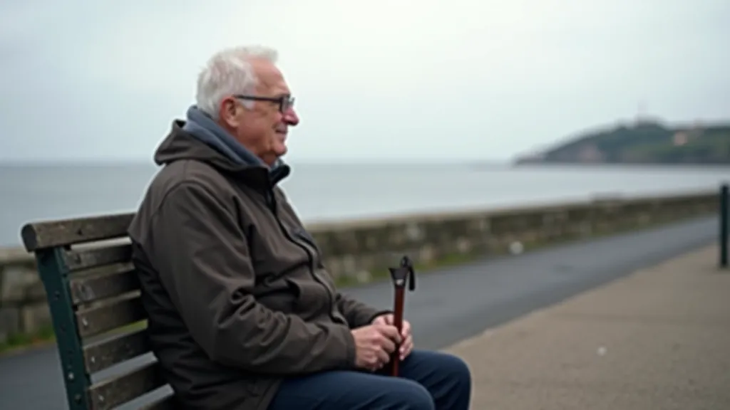 Person sitting on seaside bench with walking stick beside them, enjoying coastal views on mild day