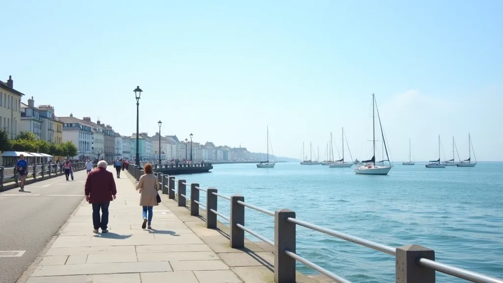 Scenic view of Irish coastline from promenade with sailing boats in Dún Laoghaire harbour in background