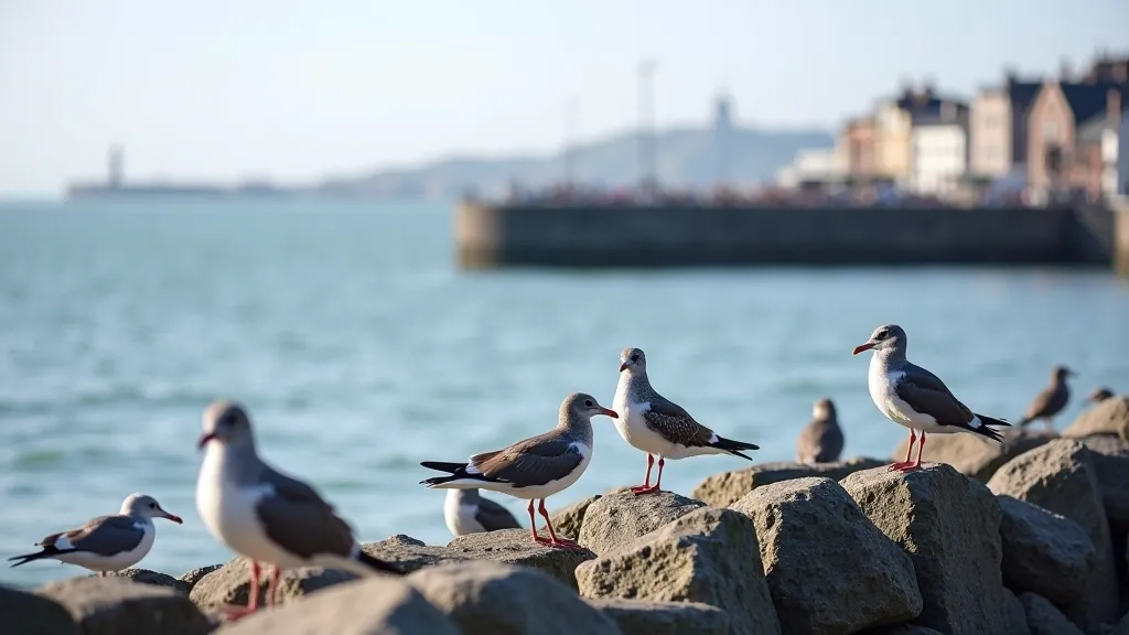 Seabirds including gulls and cormorants on rocks and in water at Dún Laoghaire, with historic buildings visible on the shore