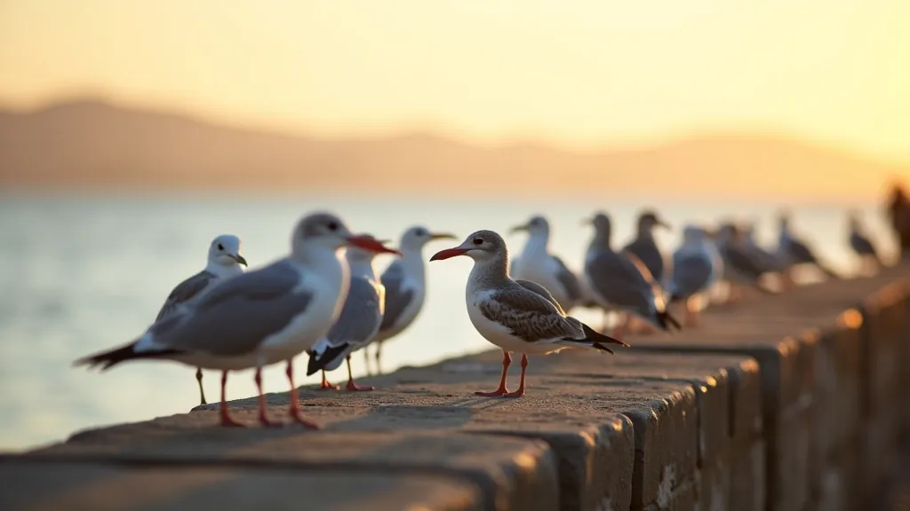 Seabirds perched on rocky pier at Dún Laoghaire, golden evening light, coastal landscape