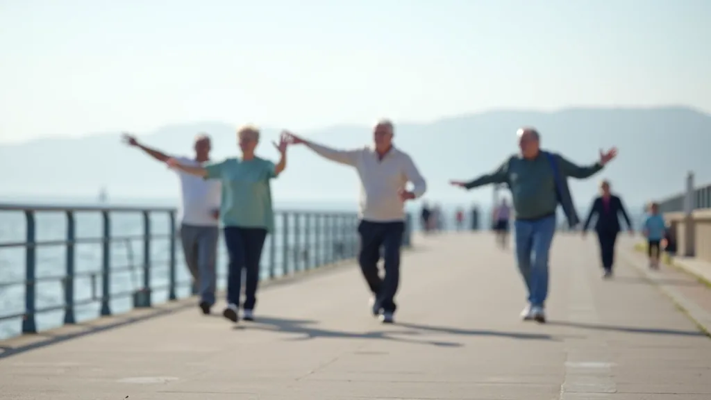 Small wellness group stretching by the seafront