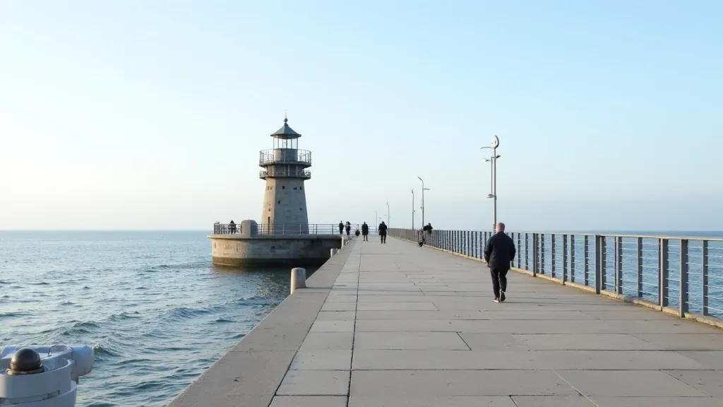The iconic East Pier at Dún Laoghaire with distinctive lighthouse structure and walkway extending into the sea