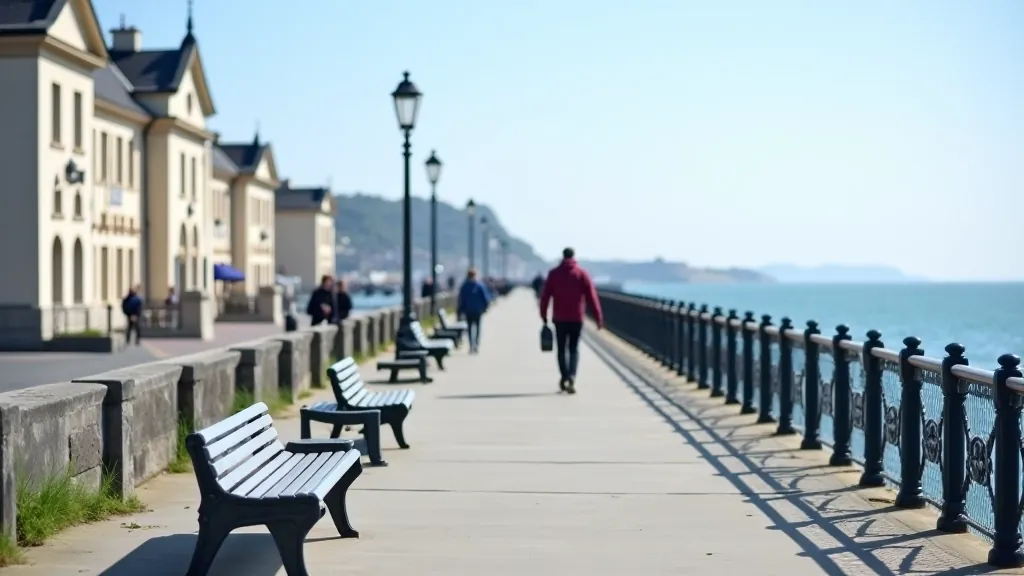 West Pier with Victorian-era structures and green spaces along the promenade, benches visible