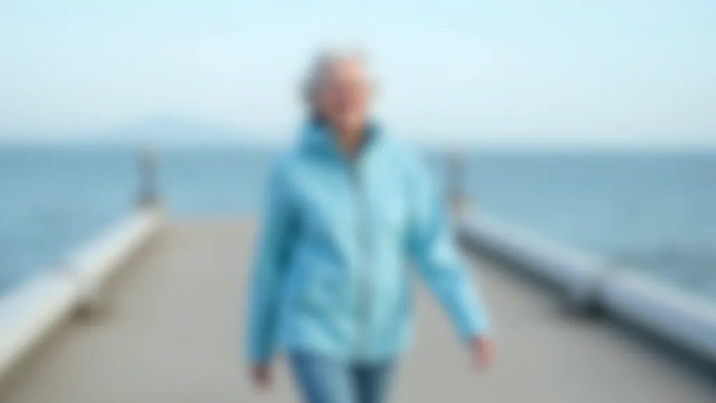 Person walking on seaside pier path wearing light layers and proper walking shoes, bright coastal weather